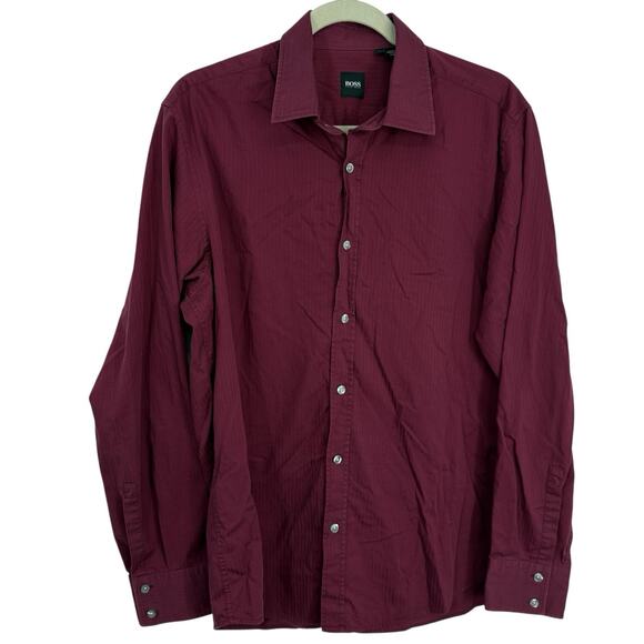 Hugo Boss Lex Button Up Shirt Mens Size Large Burgundy Cotton Long Sleeve - Picture 1 of 10